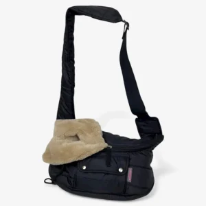 Black & Beige Waterproof Designer Dog Sling Carrier – Soft Winter Puppy Bag with Faux Down Pillow | Handmade by HAPPYDOG Pet Couture