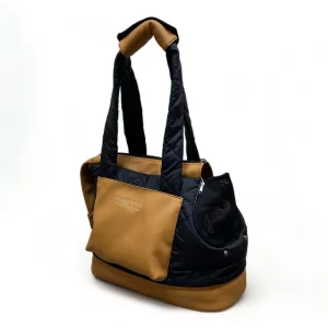 Black and camel brown designer dog carrier wish mesh window
