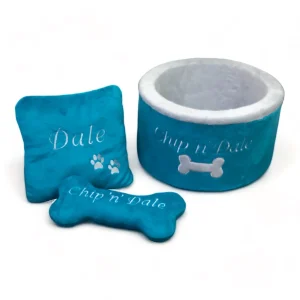 Teal and gray set of Small toy basket, bone and pillow