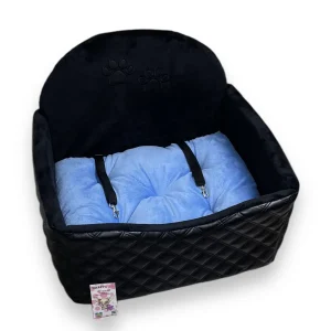 Faux Leather Dog Car Seat with Faux Fur Cushion - Black & Light Blue