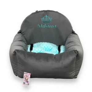 Convertible Luxury Dog Car Seat & Travel Bed – Gray & Mint Faux Suede | Handmade Pet Carrier for Small Dogs